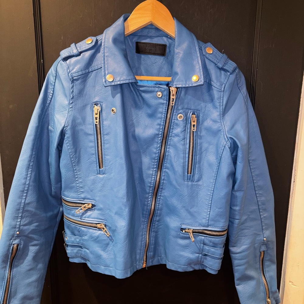 BLANK NYC Blue Faux Leather Moto Jacket - Classic Biker Punk Style Size M